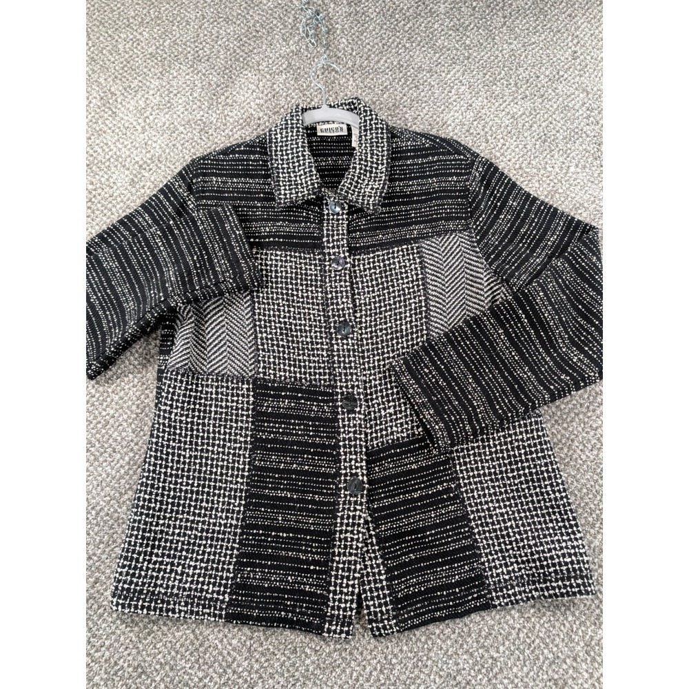 Chicos Design Black White Patchwork Knit Jacket Button Front Size 1 Workwear